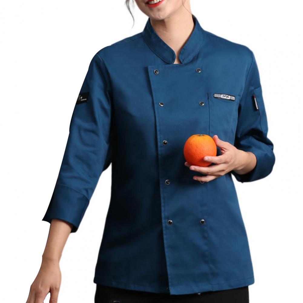 Chef Shirt Solid Color Pocket Double-breasted Long Sleeve Catering Buttons Chef Uniform Unisex Cook Shirt Hotel Chef Clothes
