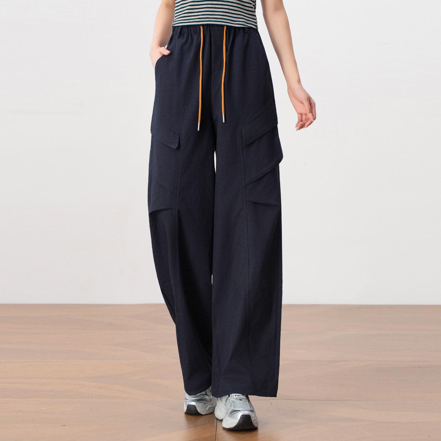 

Женские брюки в американском рабочем стиле с несколькими карманами и широкими штанинами: Осень 2025, Свободный, Приталенный, Эластичный пояс, Повседневный. 28 темно-синий