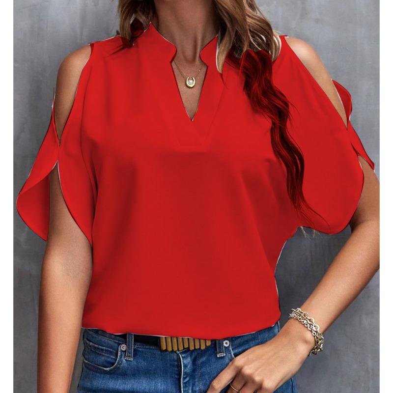 BITCED Women's Fashion Casual Solid Color Print Short Sleeve V Neck Blouses & Shirts