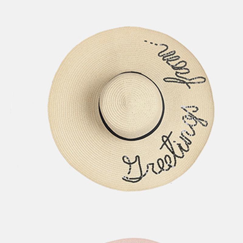 

Style Hat Versatile Straw Woven Four Color Brim With Shiny Sequins Hatscaps бежевий