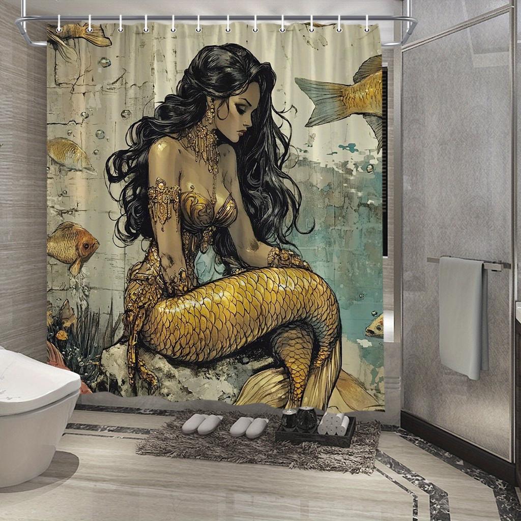 Fantasy Mermaid Polyester Shower Curtain,Water-Resistant Woven Fabric with Golden Fish and Bubbles,Distressed Wall Art Design