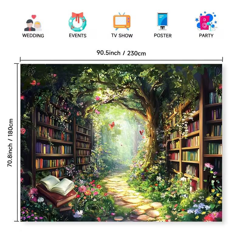 

2D Fairy Tale Enchanted Bookshelf Forest Tapestry, Wall Decor for Wedding & Events 47.2x31.5inch/120*80cm