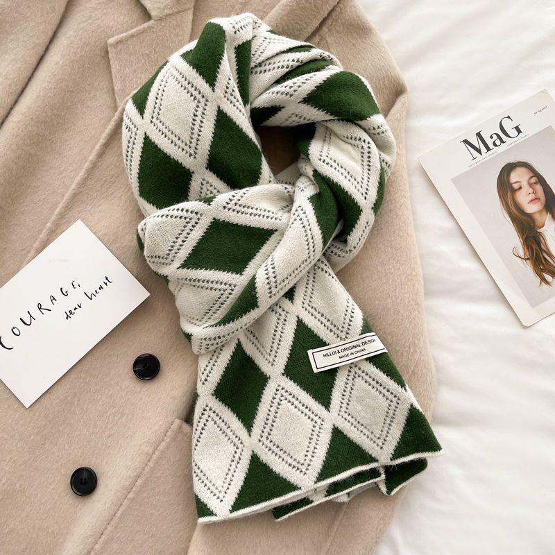 Korean Version of Arctic Velvet Rhombus Plaid Scarf for Women Winter Literary Retro Knitted Wool Shawl Warm Student Scarf