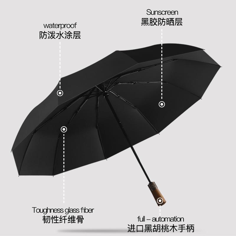 Automatic wooden handle umbrella umbrella, high-end men's vinyl anti-ultraviolet sunshade, weather and rain umbrella, sun umbrella women