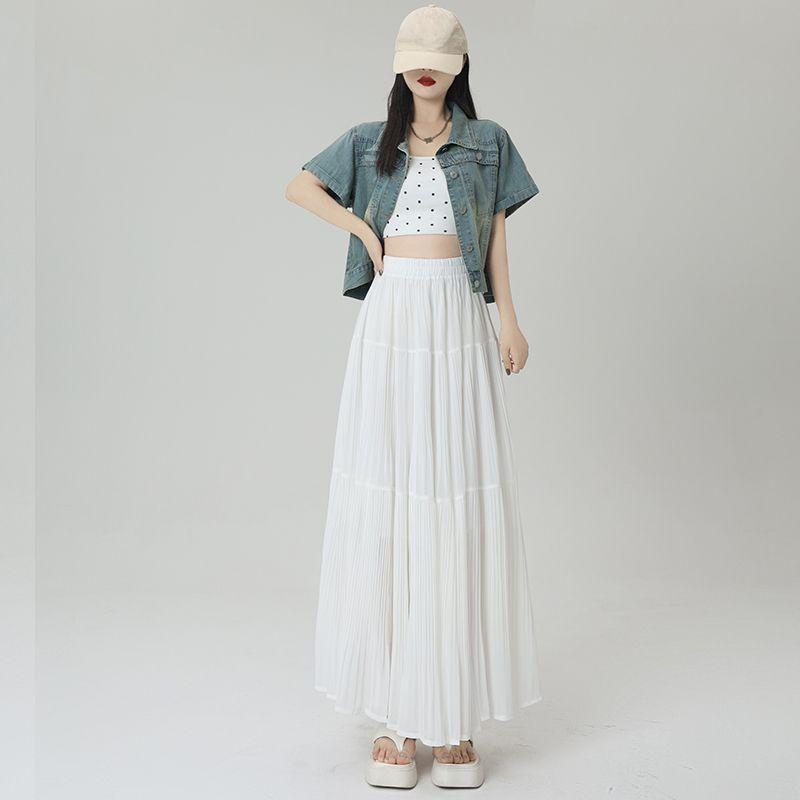 Elegant Purple Chiffon Pleated Half Skirt for Women, Summer High Waist Slim A-line Umbrella Long Swing Skirt