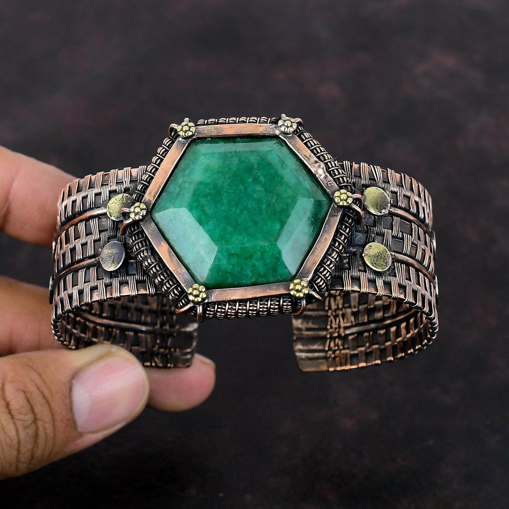 Faceted Zambian Emerald Bangle Copper Wire Wrapped Cuff Bracelet Adjustable Bangle Handmade Gemstone Bangle Copper Wire Jewelry Gift For Her