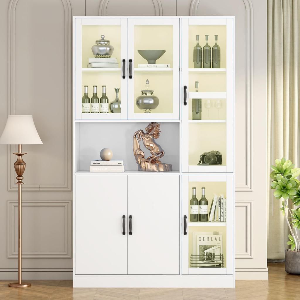 LED Glass Display Cabinet, Display Cabinet with Storage Space, Modern Bookcase Freestanding Display Cabinet, Wall Units, White, 50x40x180 Cm