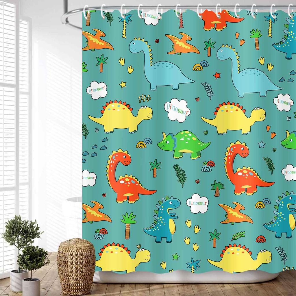 Cartoon Dinosaur Shower Curtain Fabric Hooks Children's Room Decoration Cloth Toilet Bath Curtain Home Background Wall Covering
