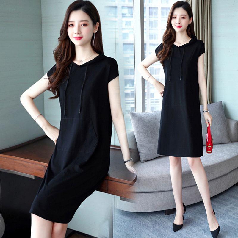 

Women s Summer 2025 Korean Style Hooded Midi Dress: Short-Sleeved, Loose-Fit T-Shirt Fashion 3XL