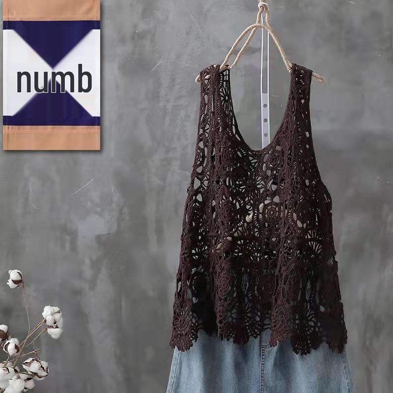 

Vintage Crochet Hollow Cotton Linen Vest Cover-up - Women s 2026 Summer Stylish Loose Strappy Top One Size кавовий