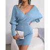 Fashion Long Sleeve Green Sweater Dress Women Casual Cross V-neck Knitted Dress Woman Autumn Winter Sexy Dresses 23849