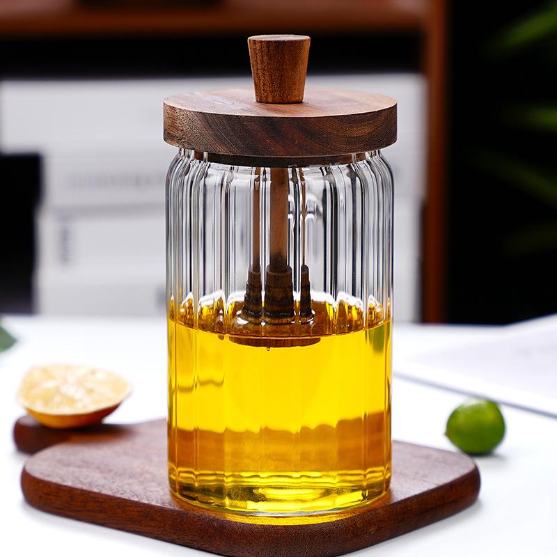 New household thickened honey storage tank with stirring stick Acacia wood cover transparent glass food sealed jar
