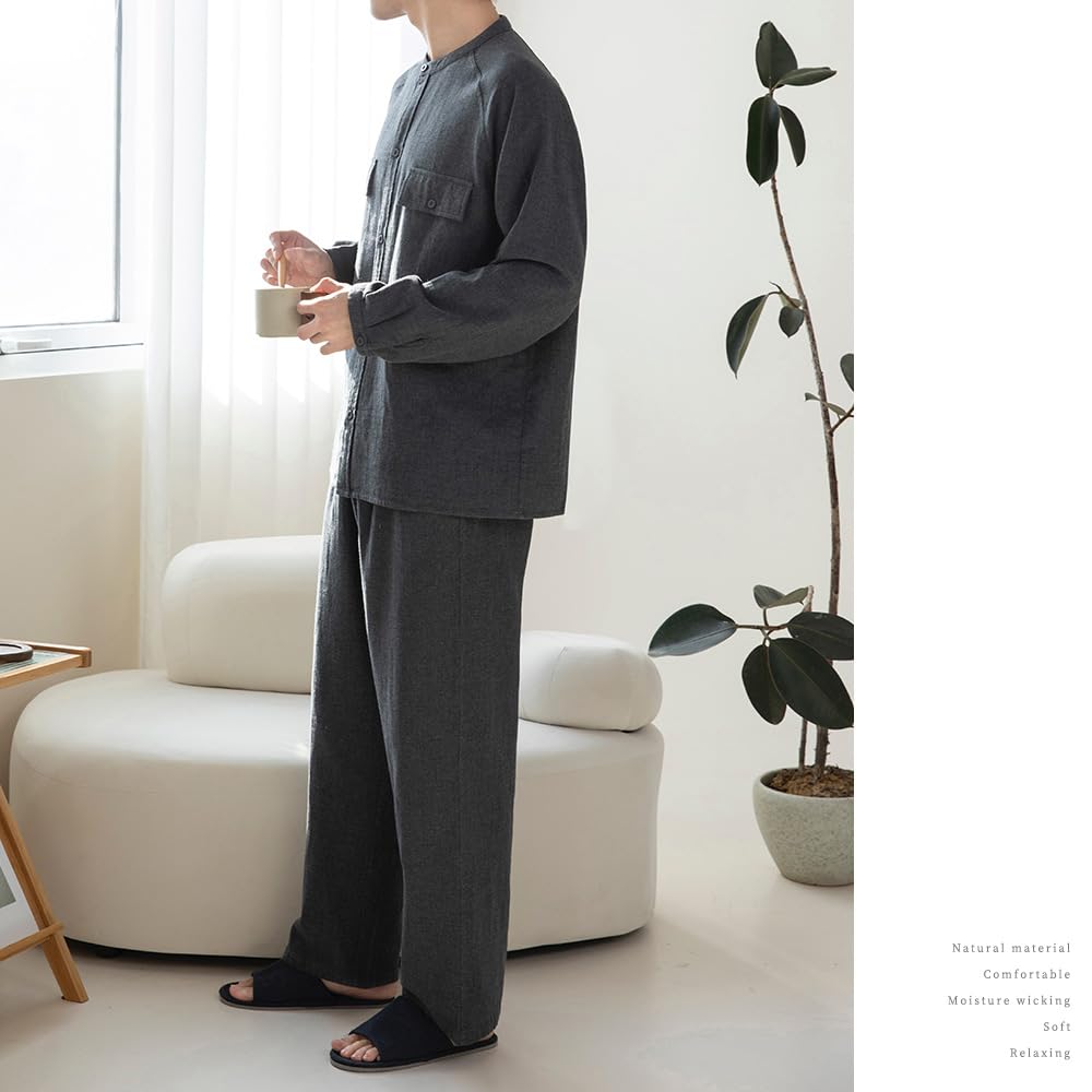 Yes Family Double Gauze Pajama Long Front Size Dark Gray Men's Set, Yarn-Dyed Gauze, 100% Cotton, Sleeves, Opening, Loungewear, XL,