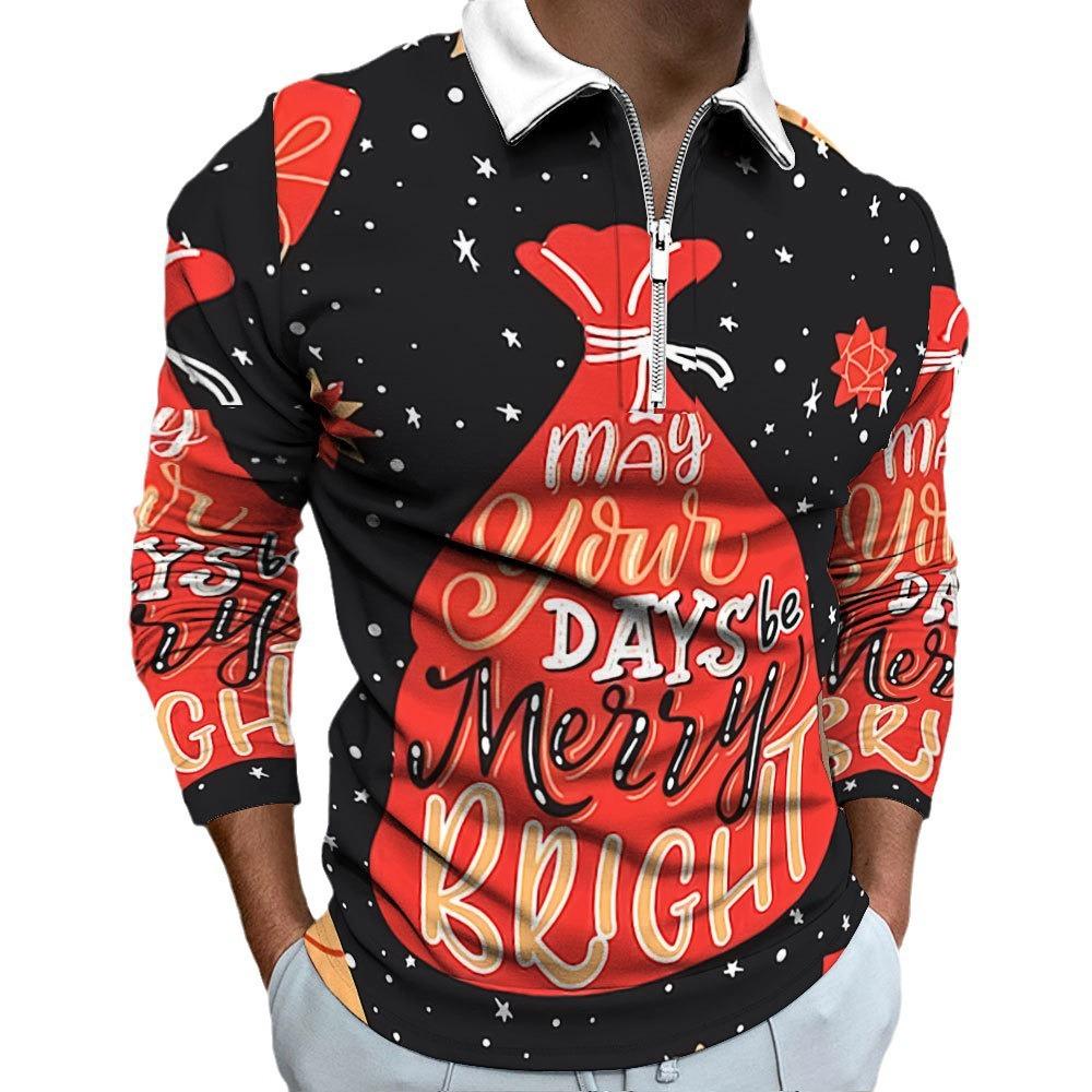 Cool Skull Web Print Long Sleeve Polo, Zip Collar Casual Men's Top
