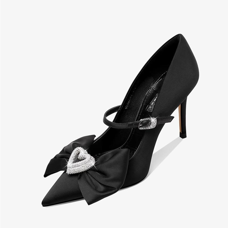 

Fashion Ins style Luxury Rhinestones Bowknot Satin Women Pumps Elegant Pointed toe Mary Janes Stiletto High heels Fashion Party Shoes 35 чёрный