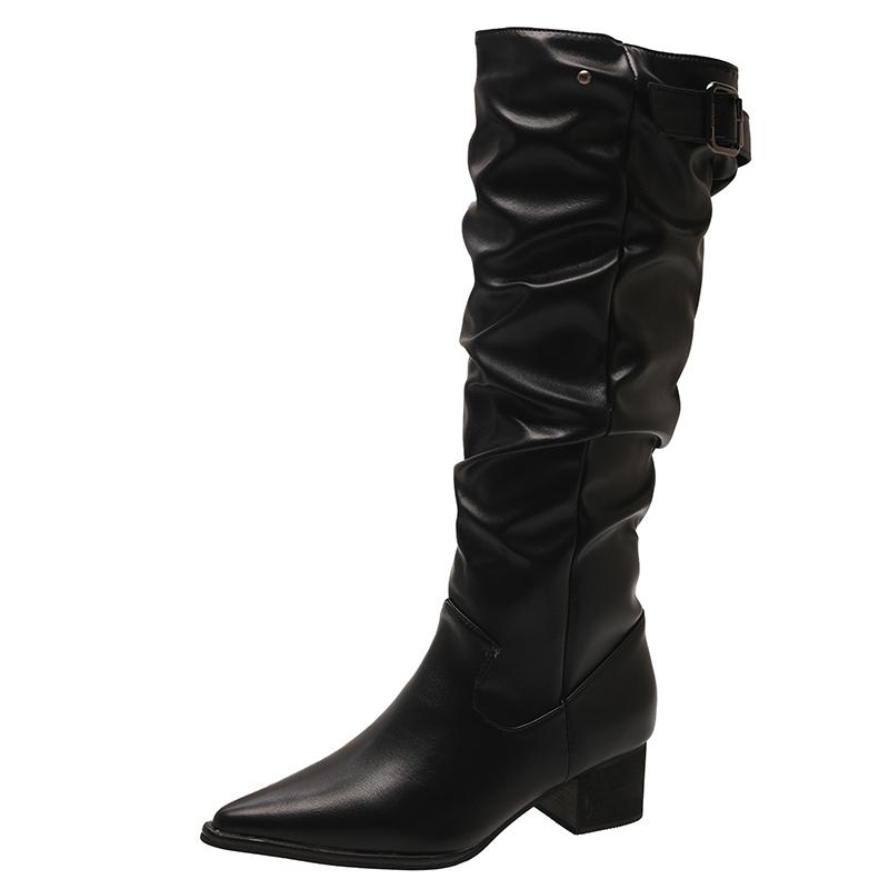 Sexy Pointed Toe Women High Boots Fashion High Heels Glossy Leather Shoes  Winter Suede Knee Goth Botas Mujer Luxury Pumps