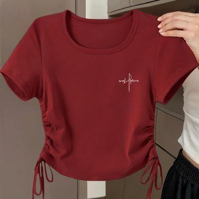 Camiseta Corta Burdeos de Manga Corta con Cordón para Mujer Verano Ajustada Moda Top