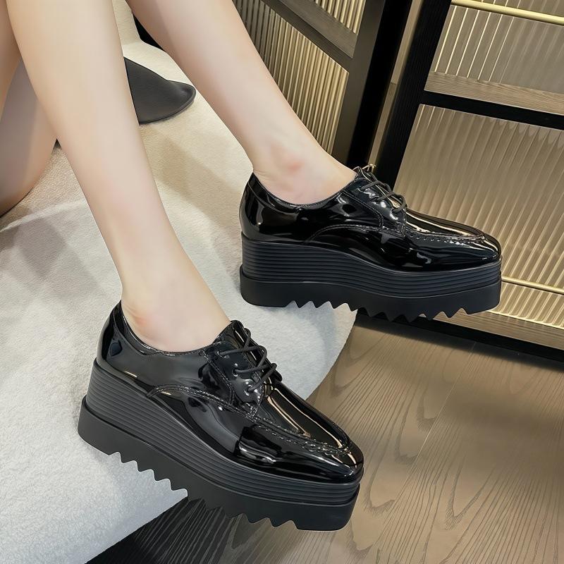 2025 Autumn Thick-soled Muffin Shoes  Mouth Square Head Lace-up Heightening Waterproof Table Slope Heel Single Shoes HZB-763-28