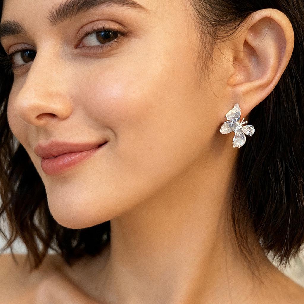 Gradient Crystal Butterfly Silver Earrings with Cubic Zirconia - High-End, Versatile, and Stylish.