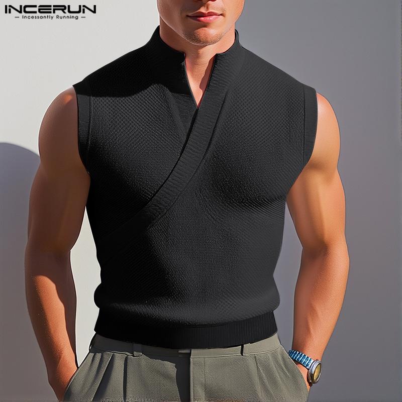 INCERUN Men Stand Neck Sleeveless Solid Casual Loose Tank Tops