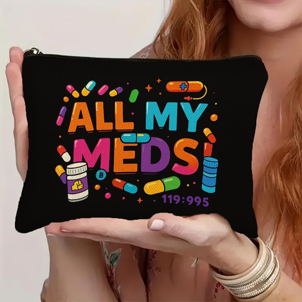 Bag Organizer Pharmacy Themed Cosmetic Case Zippered Travel Medicine Storage Pouch for Nurses, Doctors Durable Black Makeup Bag