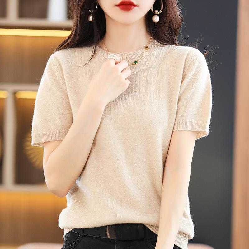VEZFAA Dámská móda Ležérní podzim Zima Jednobarevné svetry s krátkým rukávem a výstřihem do O
