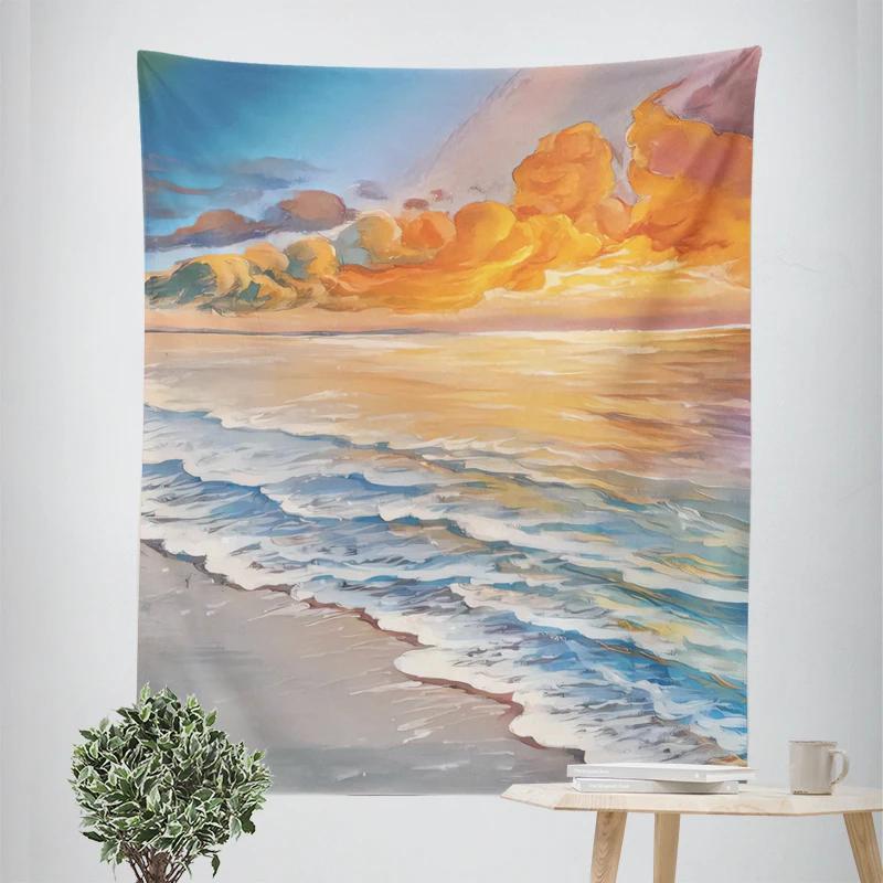 VIKAMA Healing Seaside Sunset Tapestry Bedroom Headboard Balcony Wall Decor Tapestry InstagramStyle Artistic Room Decor
