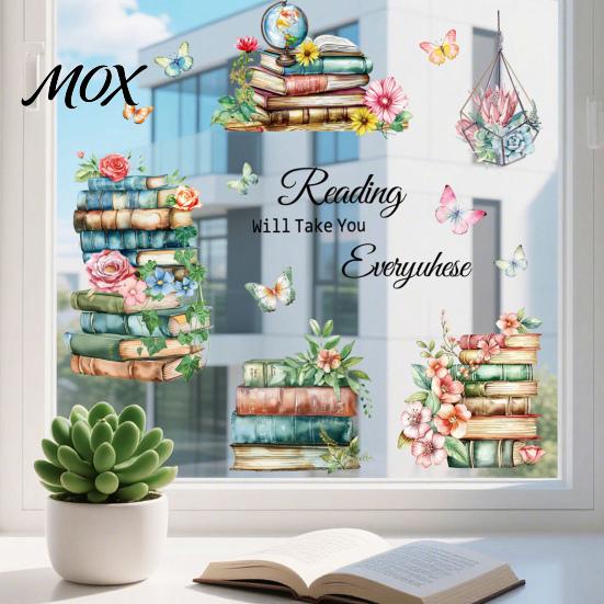 Back to School Window Clings Book Cling, Static Decals with Butterfly Flower Literary Pattern Stickers for Classroom Glass, Removable No Glue
