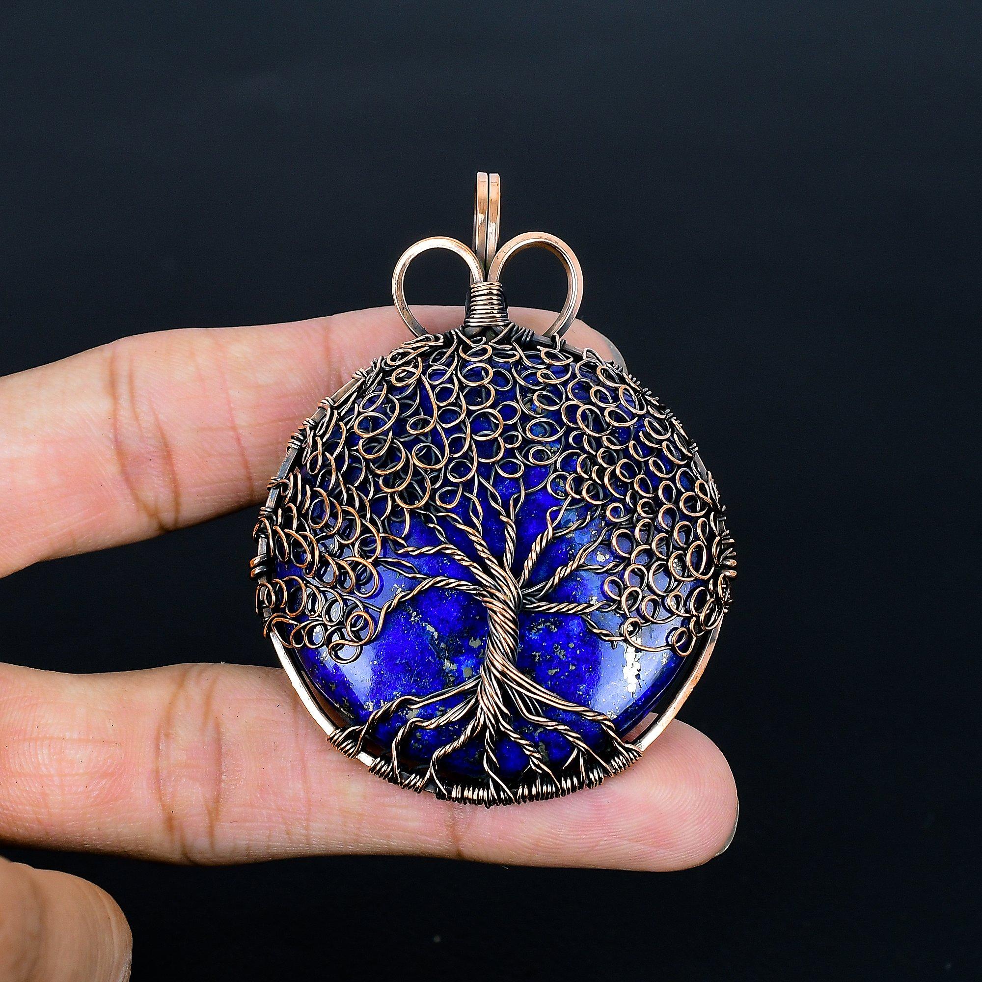 

Кулон Древо Жизни из лазурита, Кулон ручной работы с обмоткой из медной проволоки 999 пробы, Антикварные украшения, Для подарка, Медные украшения синий