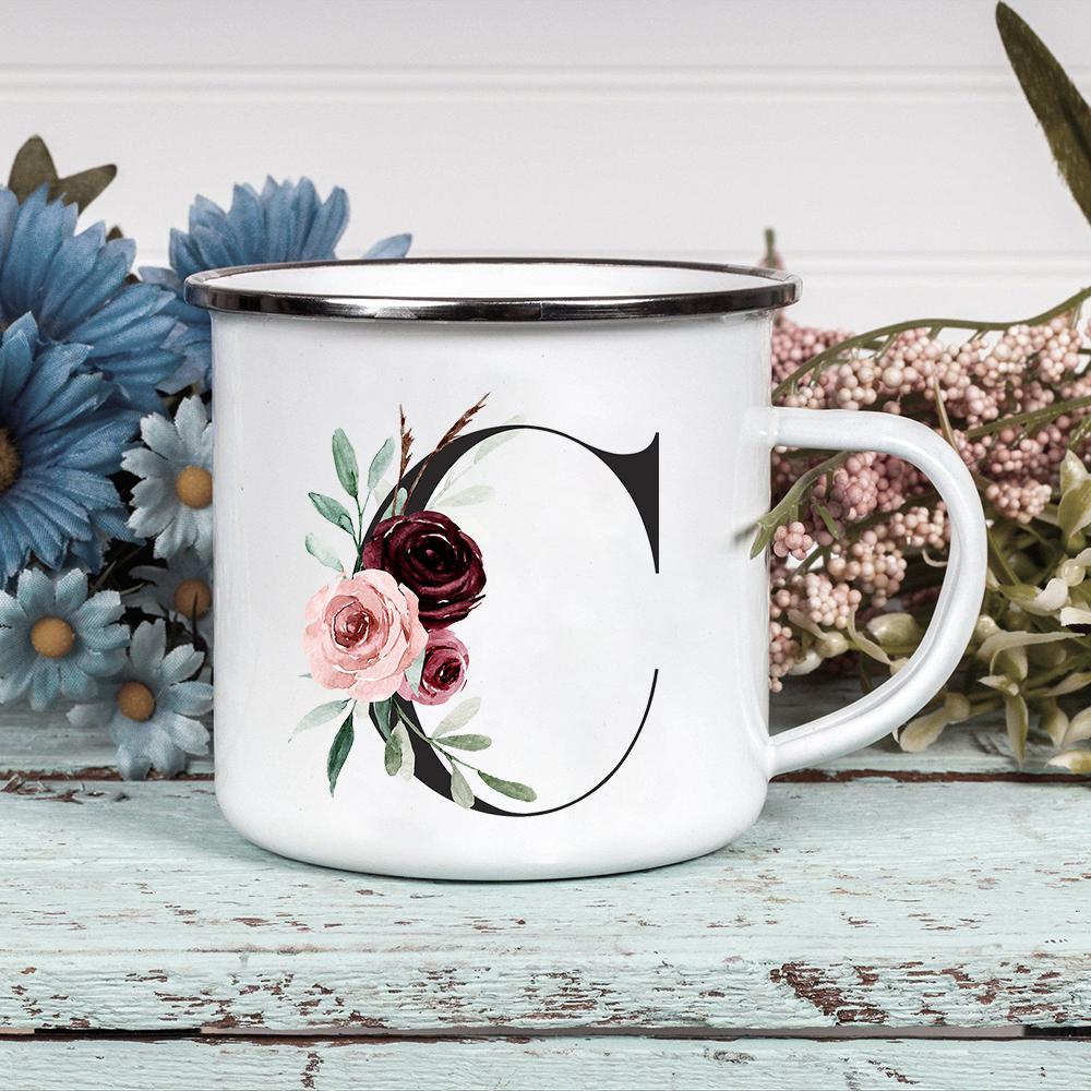 Alphabet Blumen A-Z Vintage Emaille Kaffee Tee Tassen Urlaub Camping Getränke Saft Bier Tassen Zuhause Büro Milch Tasse Geburtstagsgeschenke