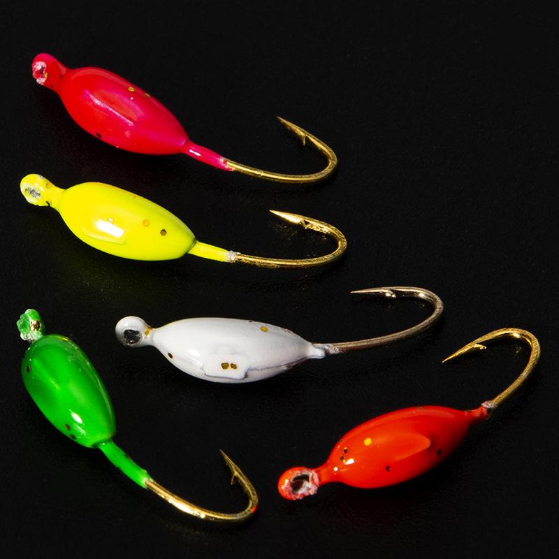 Winter Barbed Mini Lure: Long Body Ice Fishing Hook with Colored Lead Head and Upward Facing Design