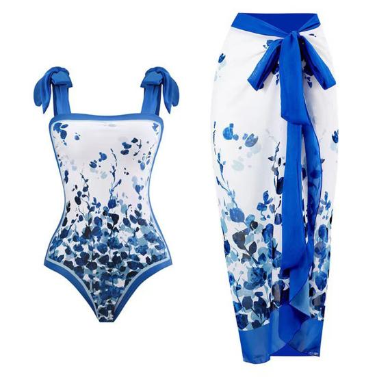 2Pcs/Set Women Printing Monokini with Skirt Sling Bandeau One-Piece Hot Spring Swimsuit with Beach Cover Up