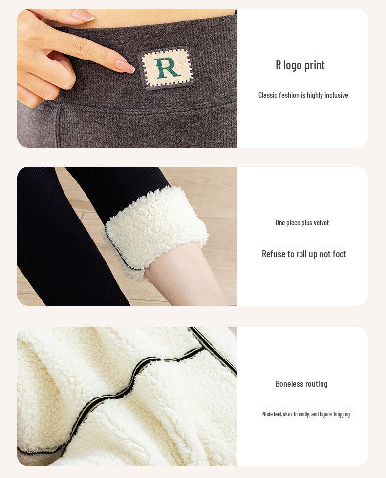 Women's High Waist Fleece-Lined Ribbed Leggings - Warm, Comfortable, Cotton, for Autumn and Winter Wear, Nine-Point Length.