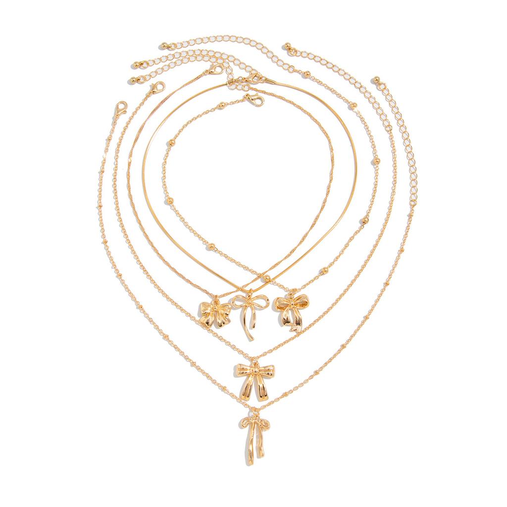Sweet And Cool Metal Ribbon Bow Necklace, Fashionable Imitation Pearl Love Stacked Collarbone Necklace