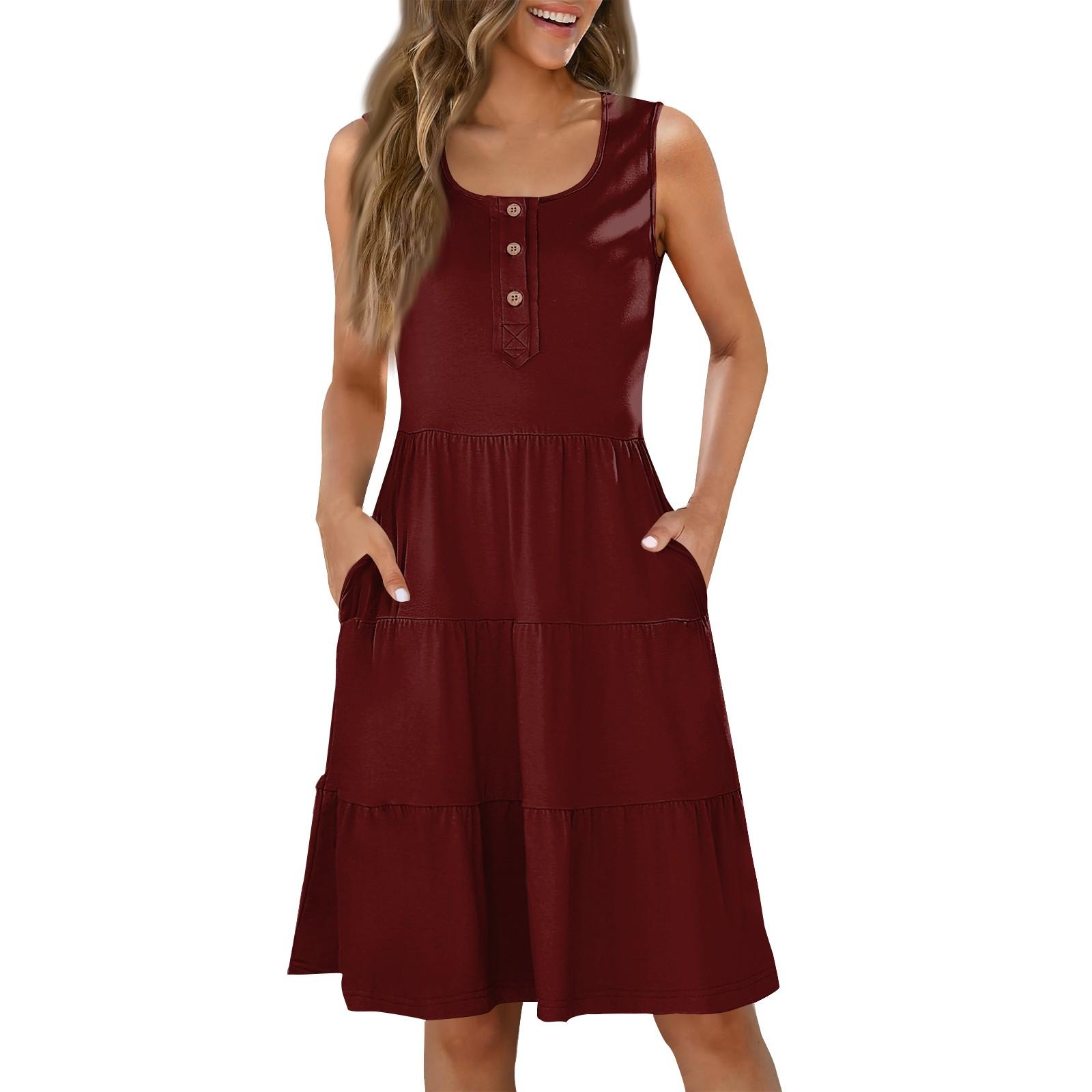 

Женские летние повседневные платья с круглым вырезом и пуговицами без рукавов, однотонные S винный