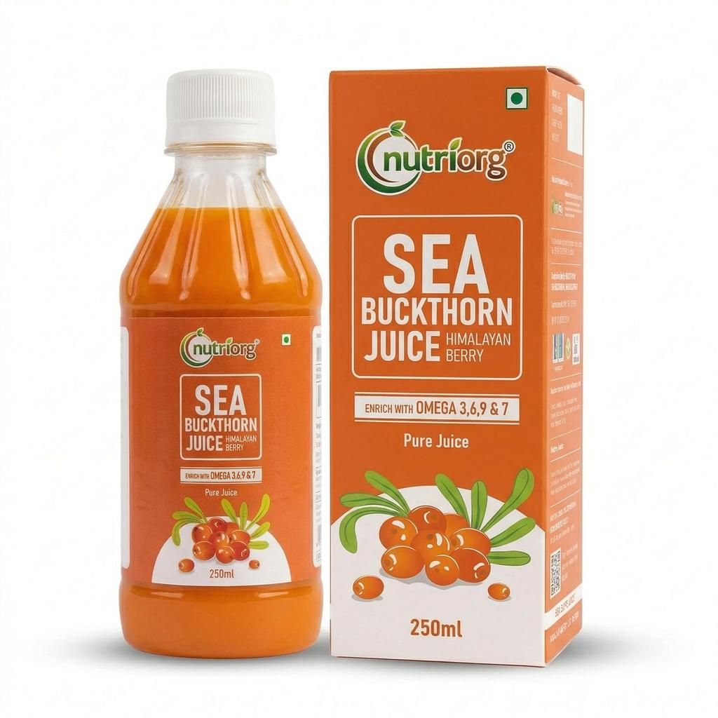 NutriOrg Czysty Sok z Rokitnika 250 ml | 100% Miąższ z Jagód Himalajskich | Omega 3,6,7,9 i Witamina C | Najlepszy dla Odporności & Bogaty w Antyoksydanty | Bez Dodatku