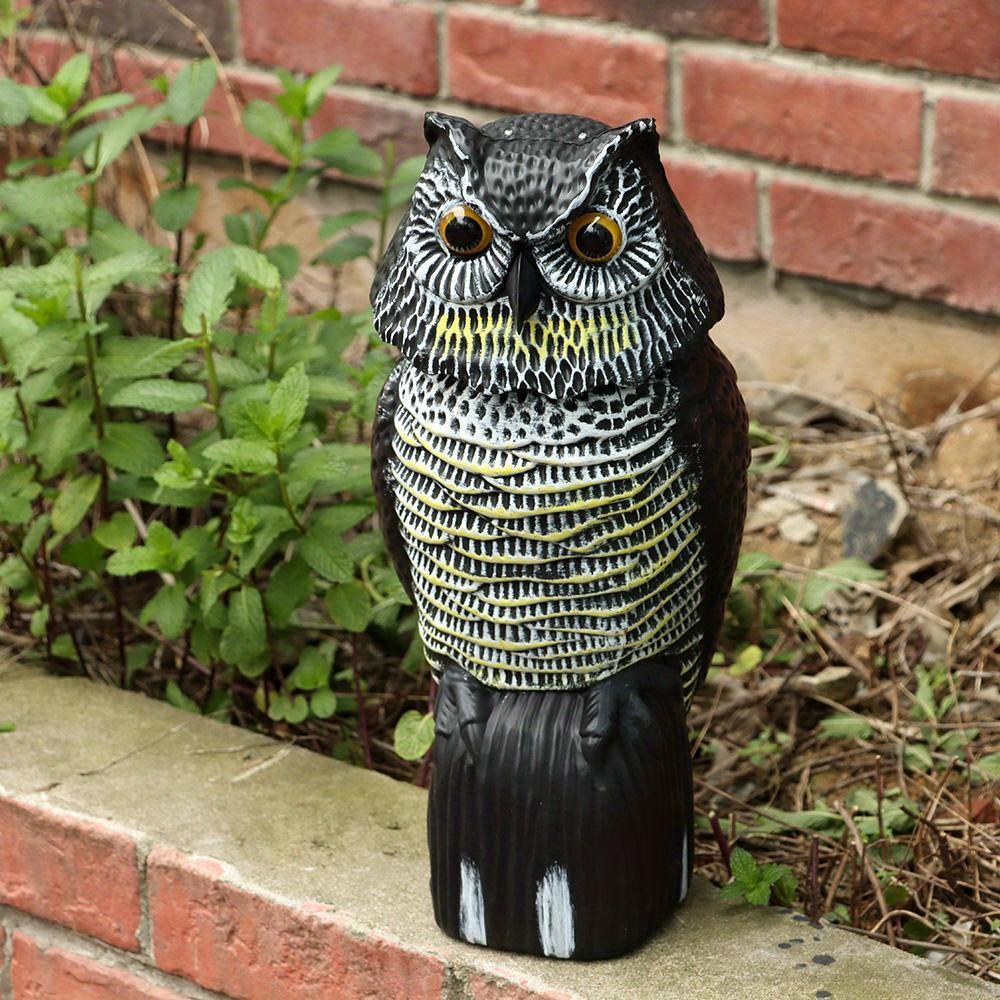 Realistic Fake Owl Decoy with Rotating Head - Black & Yellow Striped Bird Deterrent Sculpture for Garden, Yard, and Outdoor Use, Garden Bird Deterrent