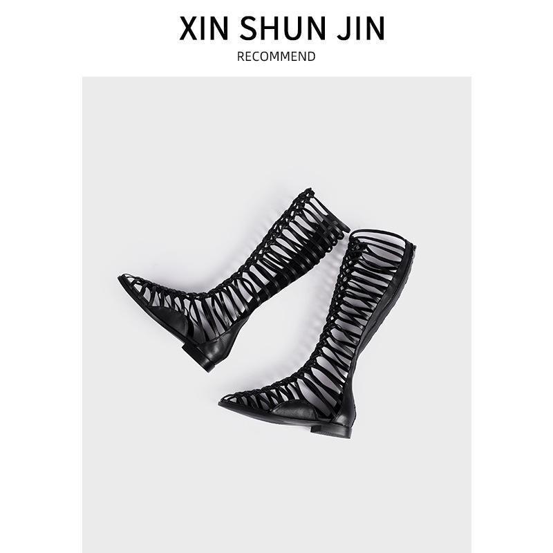 Summer Roman Tall Leather Mesh Boots Women'S Flat Bottom Hollow Back Zipper Cool Boots Woven Long Sandals
