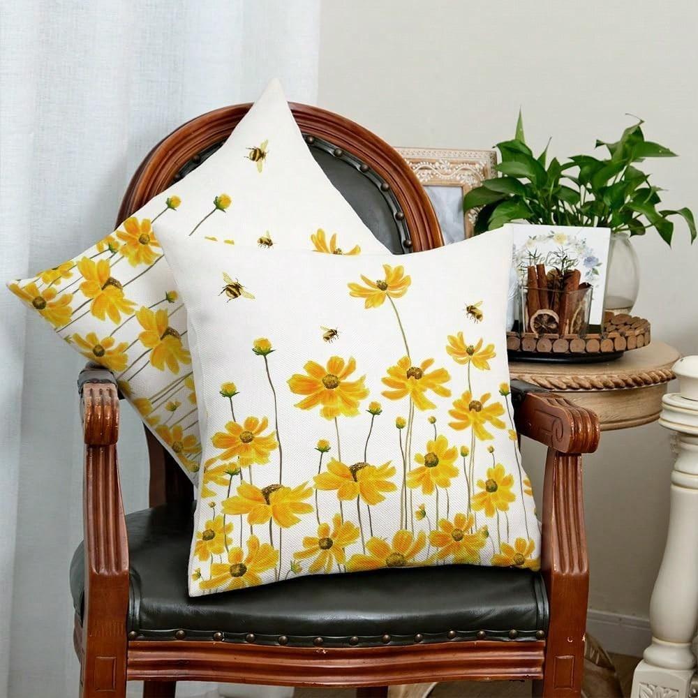 Yellow Flower Pillow Cover Double Sided 2D Print Soft Linen Throw Pillow Cover Living Room Bedroom Sofa Decor Fresh Vibe Gift