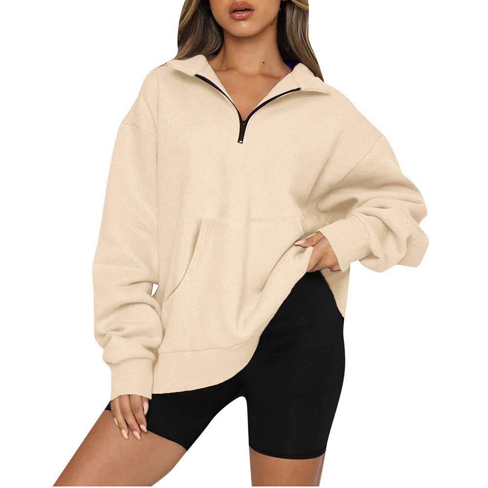 European and American Women's 2022 Autumn/Winter Pocket Half-Zip Long Sleeve Pullover Hoodie Sweatshirt