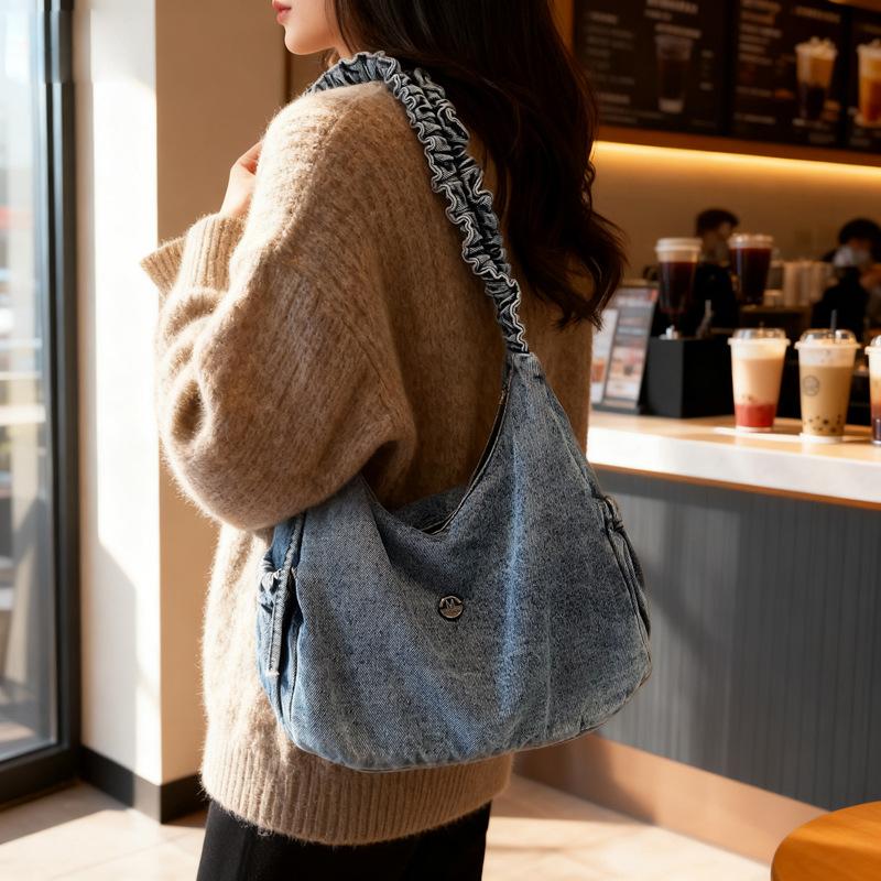 Dámská džínová ležérní taška s horní rukojetí v korejském stylu, módní crossbody taška, ležérní, volně složená, se stahovací šňůrkou, texturovaná a jednoduché úložné tašky