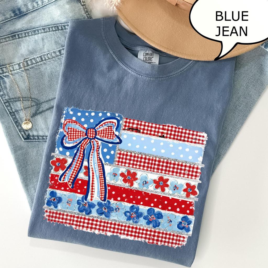 Comfort Colors® Coquette Bow American Flag T-Shirt, Flora USA Flag Shirt, Patriotic Woman Shirt, Fourth Of July Shirt