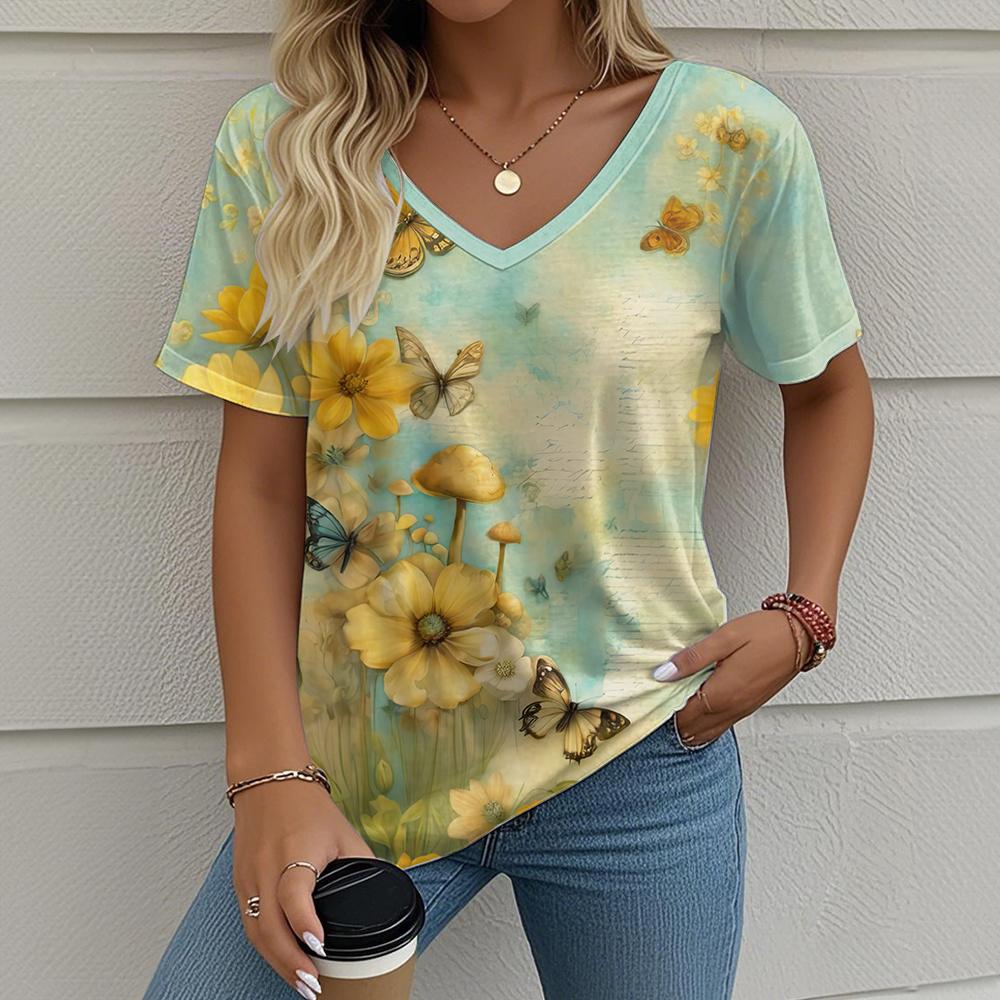 

Летний топ с V-образным вырезом, принтом с 3D-цветочным узором, модная повседневная женская футболка с коротким рукавом S