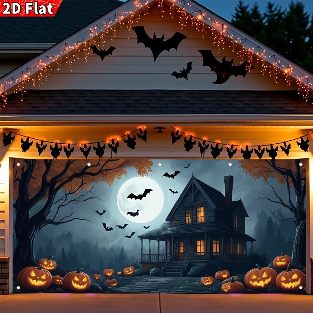 2D Plane, 1 Halloween Garage Banner - a Terrifying House with Windows and Pumpkins, Featuring a Full Moon and Bats Design
