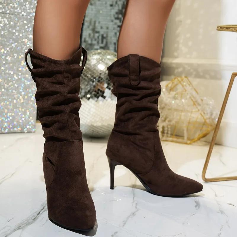 Women's Fashion Thin Heel Single Boots Autumn New Pointed Suede Cover Foot Fold Anti-slip Wear-resistant Mid-calf Boots
