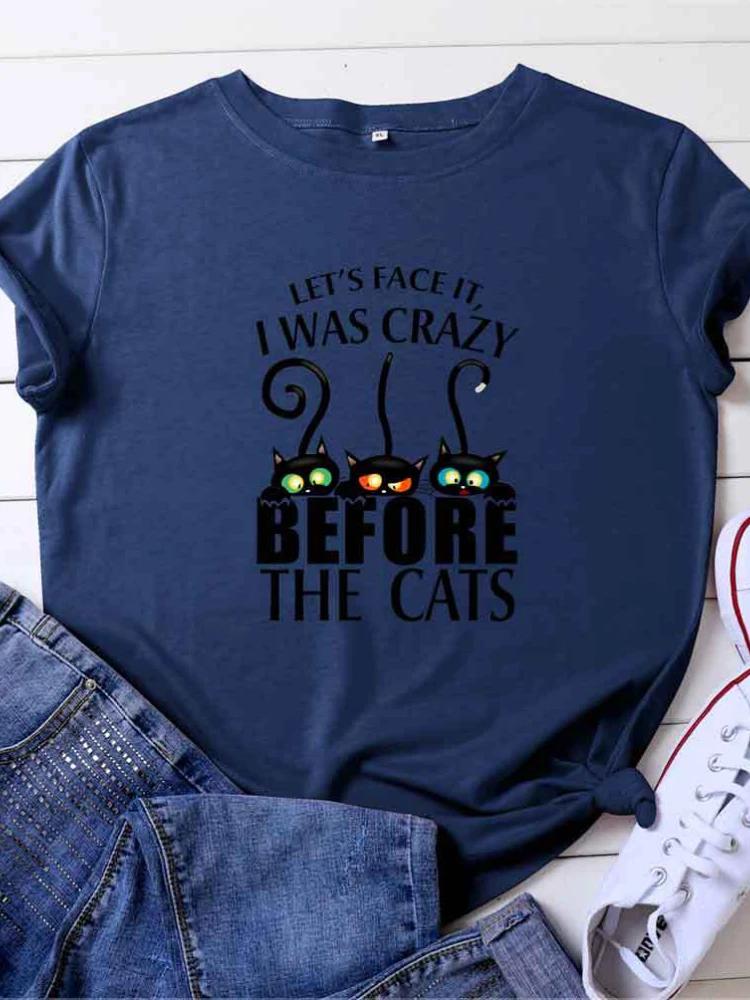 

Crazy Before Black Cat Head Print Женская футболка с коротким рукавом и круглым вырезом Свободная женская футболка Женская футболка Топы Camisetas Mujer XXXL