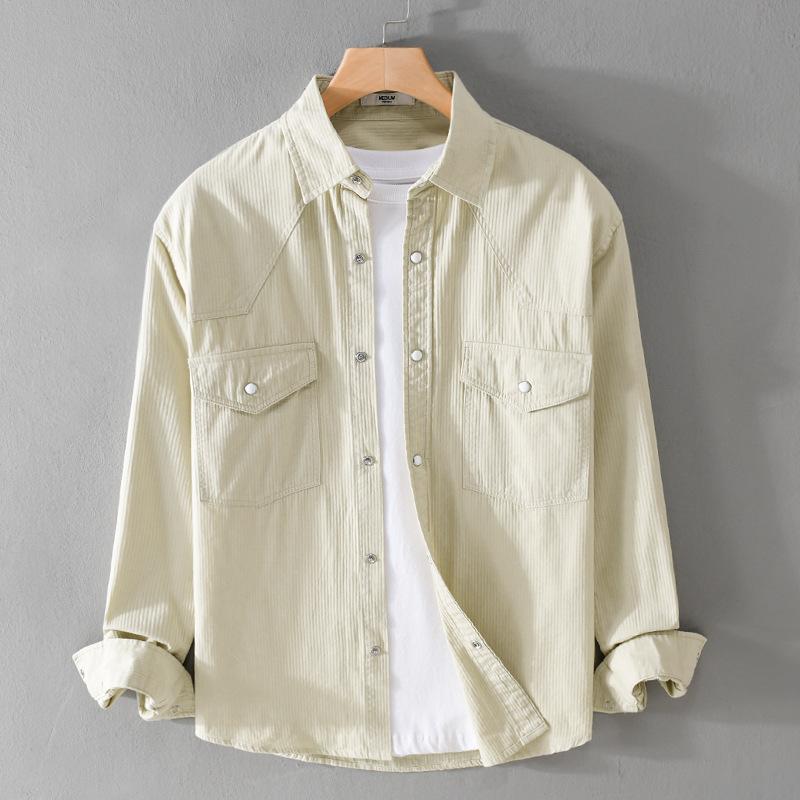 Retro Style Corduroy Long Sleeve Shirt Men Spring Fall Men's Casual Shirt Turn-down Collar Double Pockets Button Shirt Pure Cotton Comfortable Top