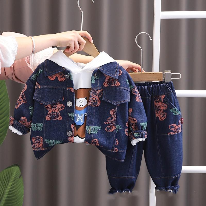 

Autumn Fashion Baby Fried Street Spring and Autumn Full Print Bear Denim Hooded Suit Trendy Boys Long-sleeved Three-piece Suit 120