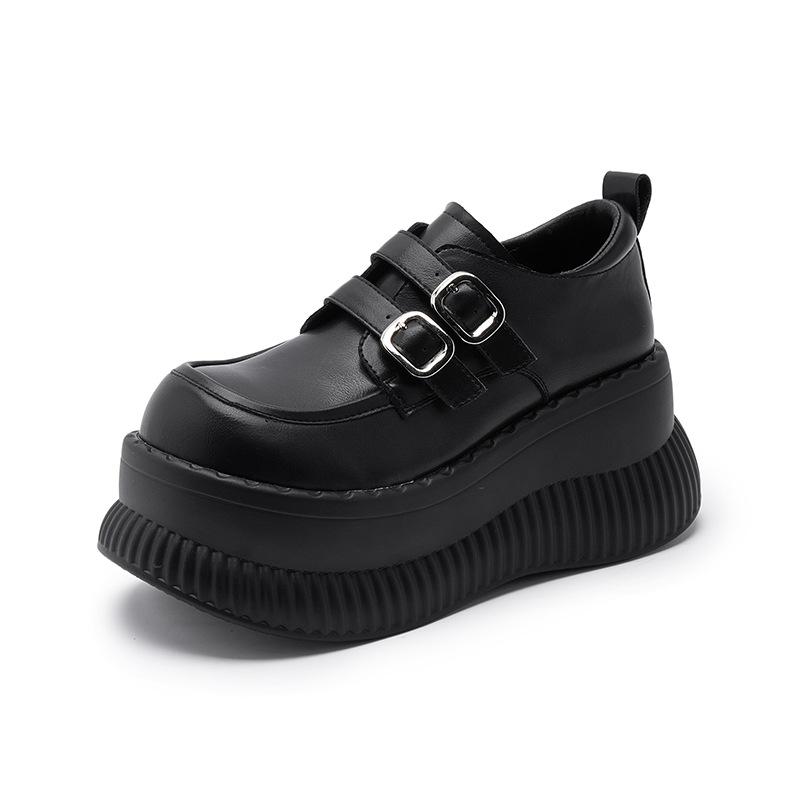 Platform Loafers Women's 2025 Spring New Versatile Small Inner Height Increase Women's Shoes Black British Style Small Leather Shoes