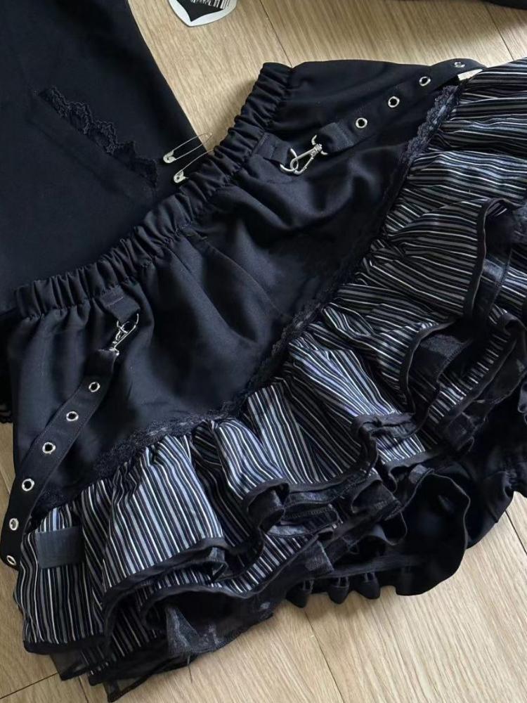 

2025 Весна Harajuku Девушки Полосатый Панк Гранж Юбки Женщины Y2k Эстетика Высокая талия Торт Мини Уличная Кружево Винтаж Каваи Мини Юп XL чёрный